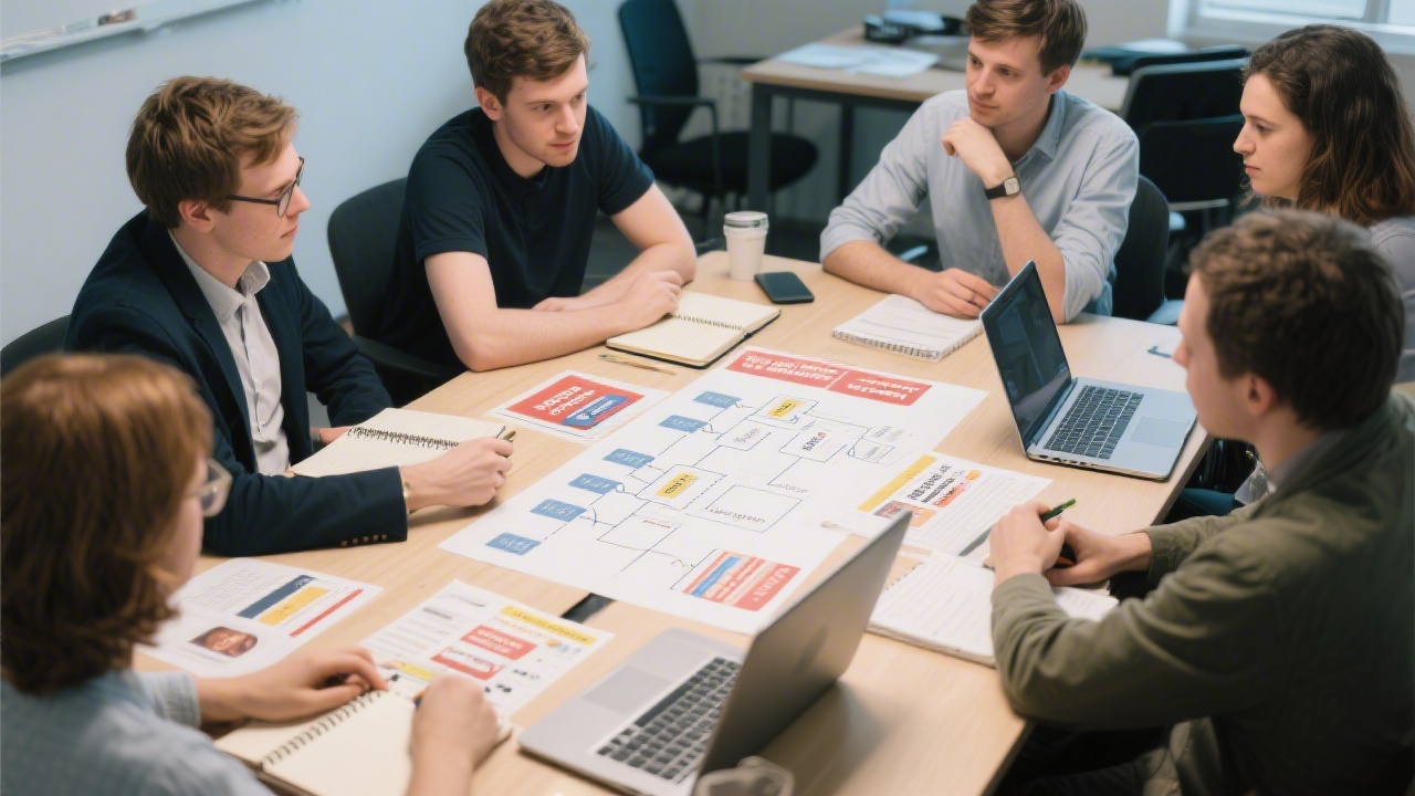Small group around a table reviewing campaign flowcharts and ad examples, with notebooks and laptops, showing practical PPC workshop environment and collaborative learning.