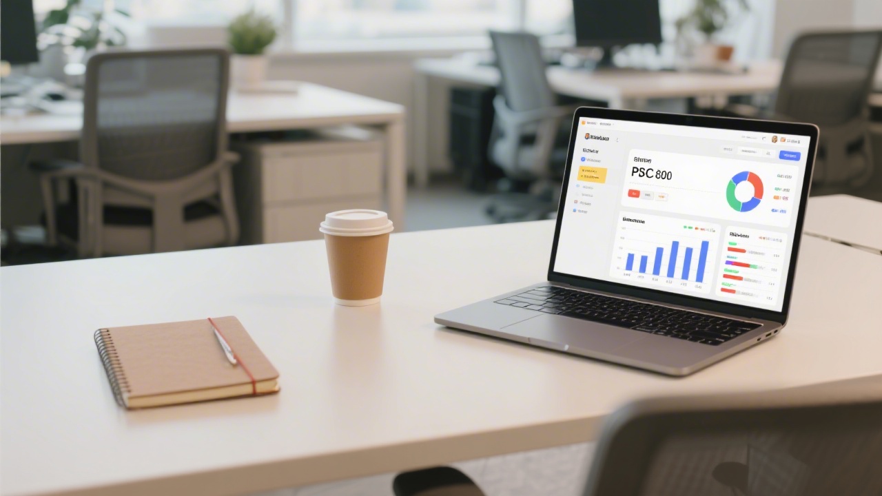 Professional workspace with a laptop showing a PPC dashboard, coffee cup, and notebook, suggesting analytical focus, realistic Spanish office environment and performance marketing context.
