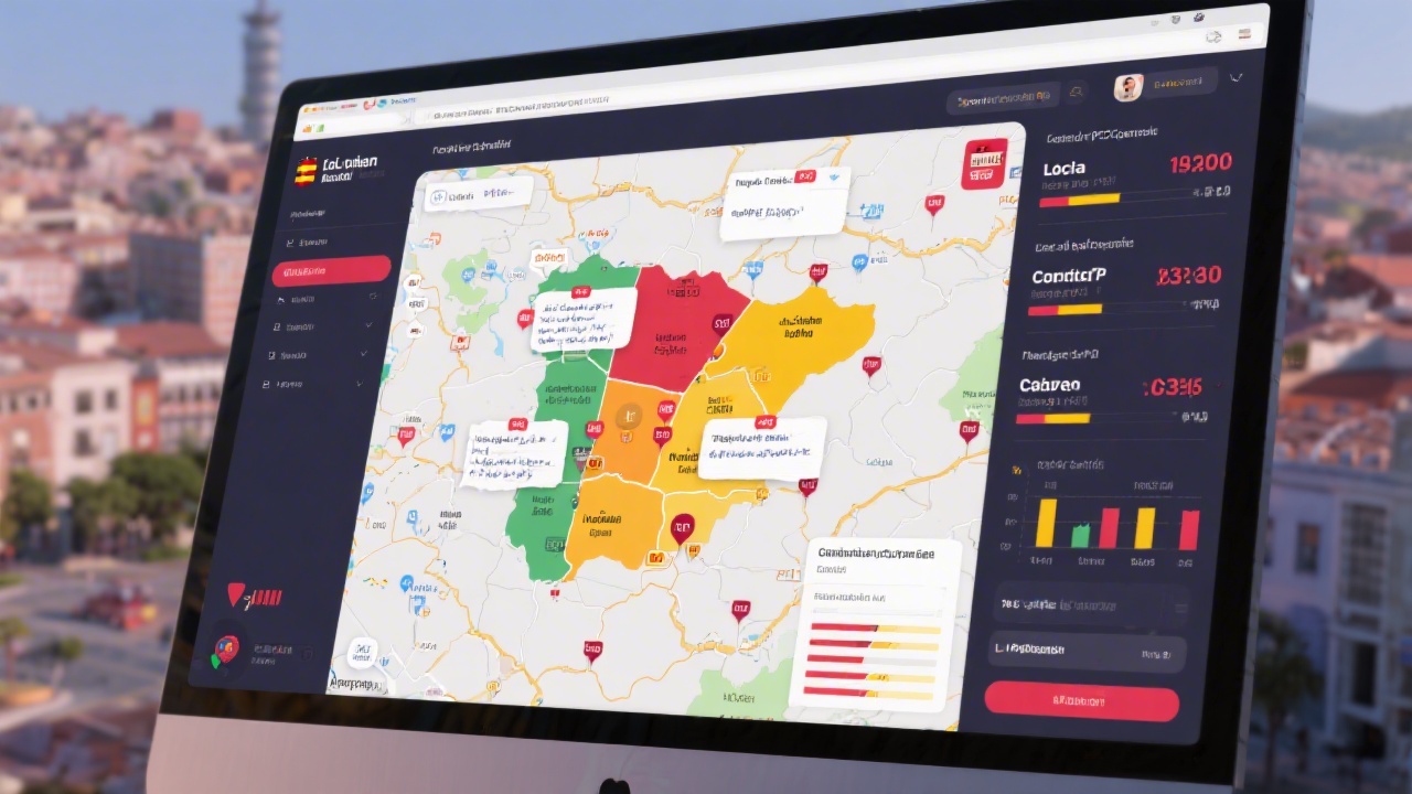 Map interface with highlighted local zones, campaign notes, and budget allocation on screen, showing how local PPC campaigns are structured for Spanish regions and cities.