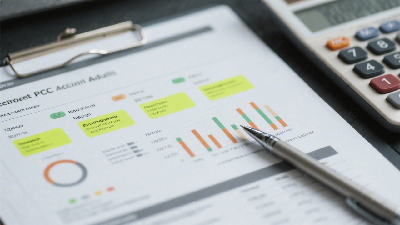 Close view of a report with highlighted issues and metrics, calculator and pen nearby, representing a detailed PPC account audit and performance evaluation.